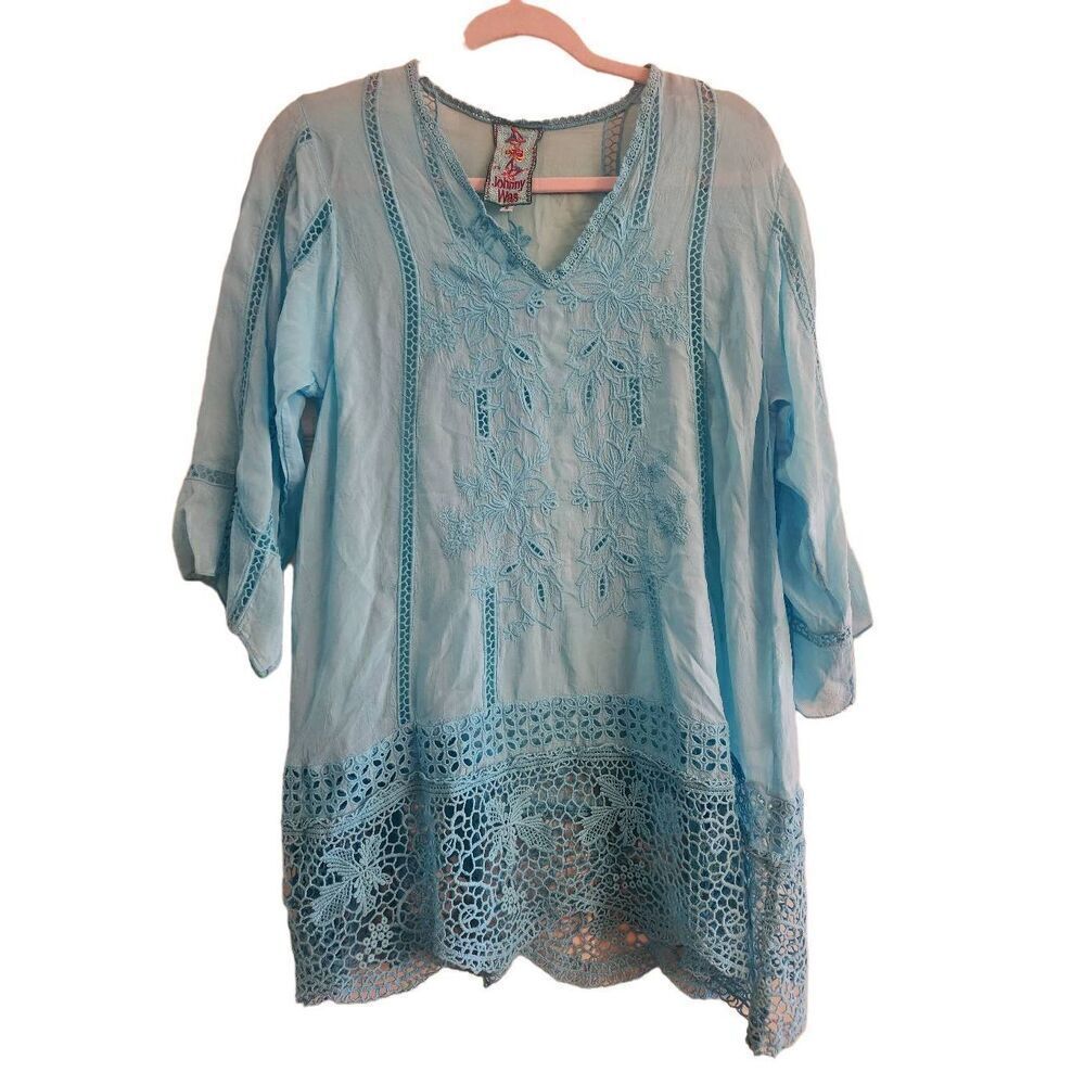 Johnny Was  3/4 sleeve flowy boho crochet embroidered  cupra  Rayon tunic size s